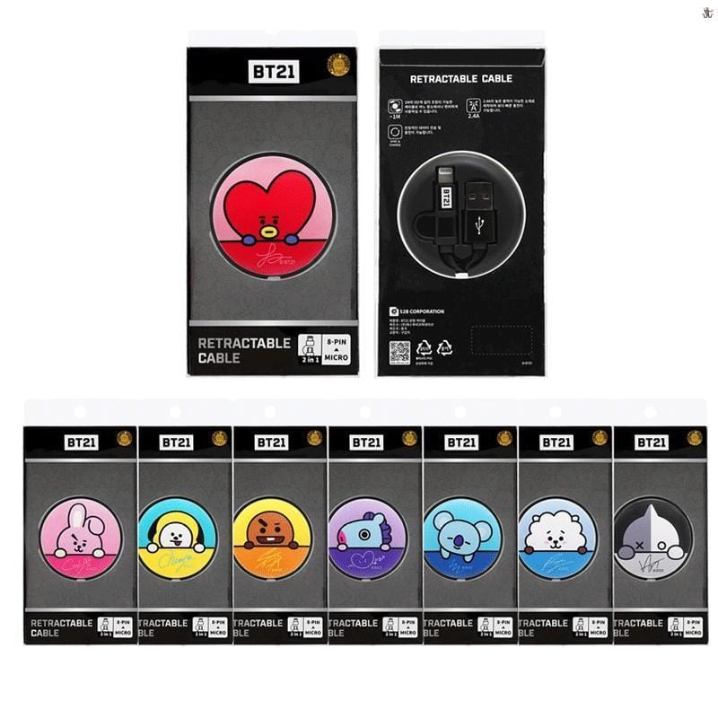 MUSIC PLAZA Goods COOKY BT21 x LINE [ RETRACTABLE CABLE ] 8-PIN+ MICRO USB - OFFICIAL GOODS